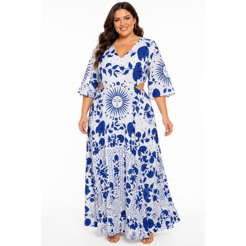 Cora Moon Plus Size 2XL Maxi Dress Blue White Celestial Sun Floral Cutout